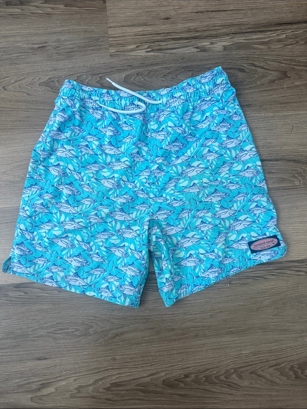 Vineyard Vines Turquoise Fish-Print Kids Swim Trunks
